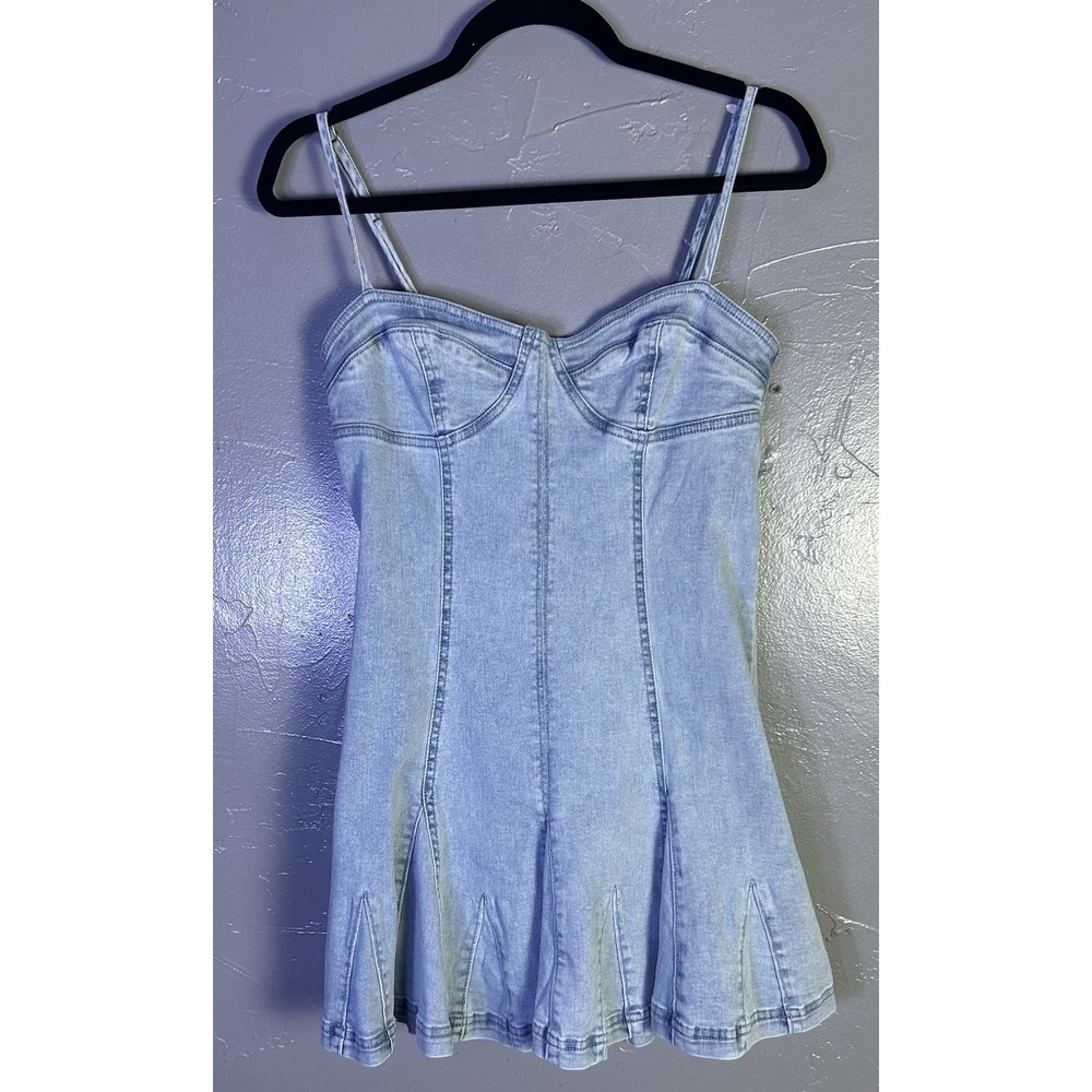 Free People Denim Mini Pleated Dress Sweetheart Neckline Small Stretch